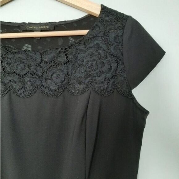 CYNTHIA STEFFE \ Wool Blend LBD Sheath Dress Lace Detail Black Sz 4 - Picture 7 of 15